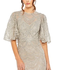 Mac Duggal Women's Embellished Flutter Sleeve High Neck Gown