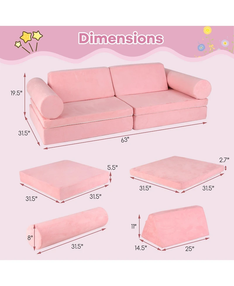 Sugift 8 Pieces Kids Play Couch Foam Building Fort Play Set with Suede Cover