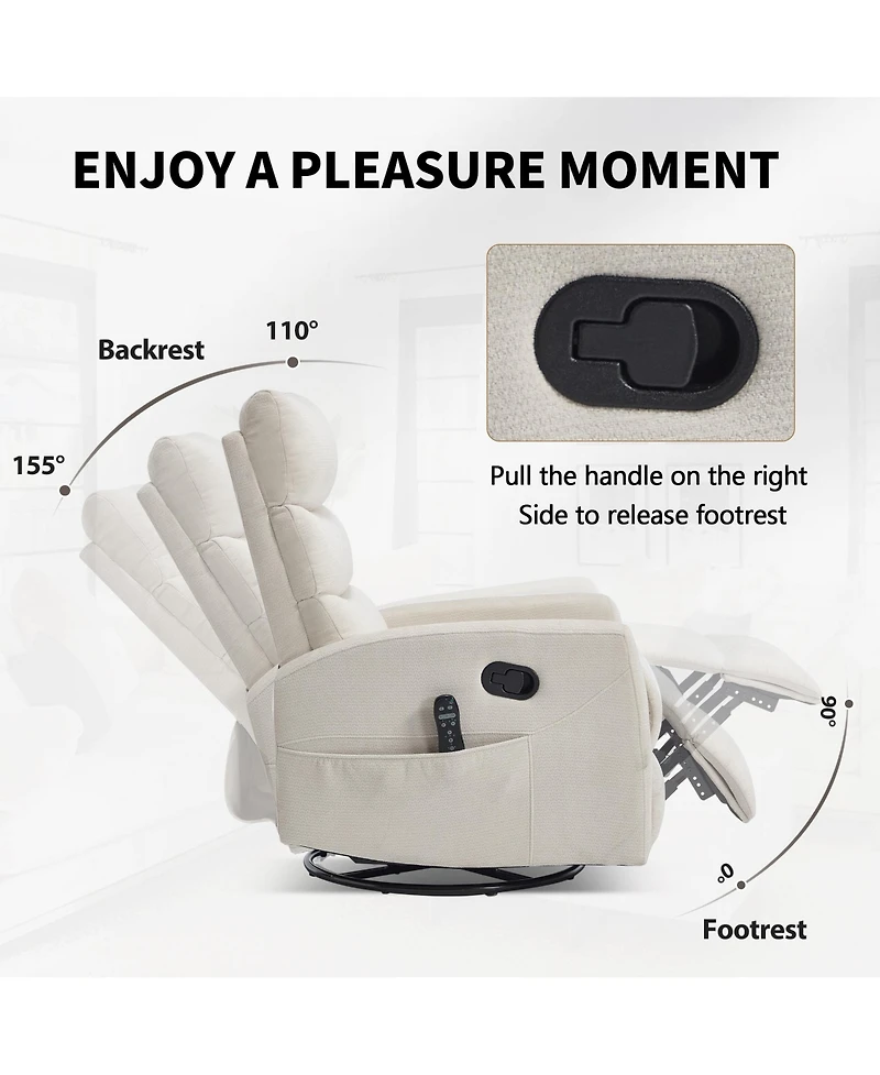 sumyeg Chenille Recliner Chair with Heat, Massage, Rocker & Swivel Features