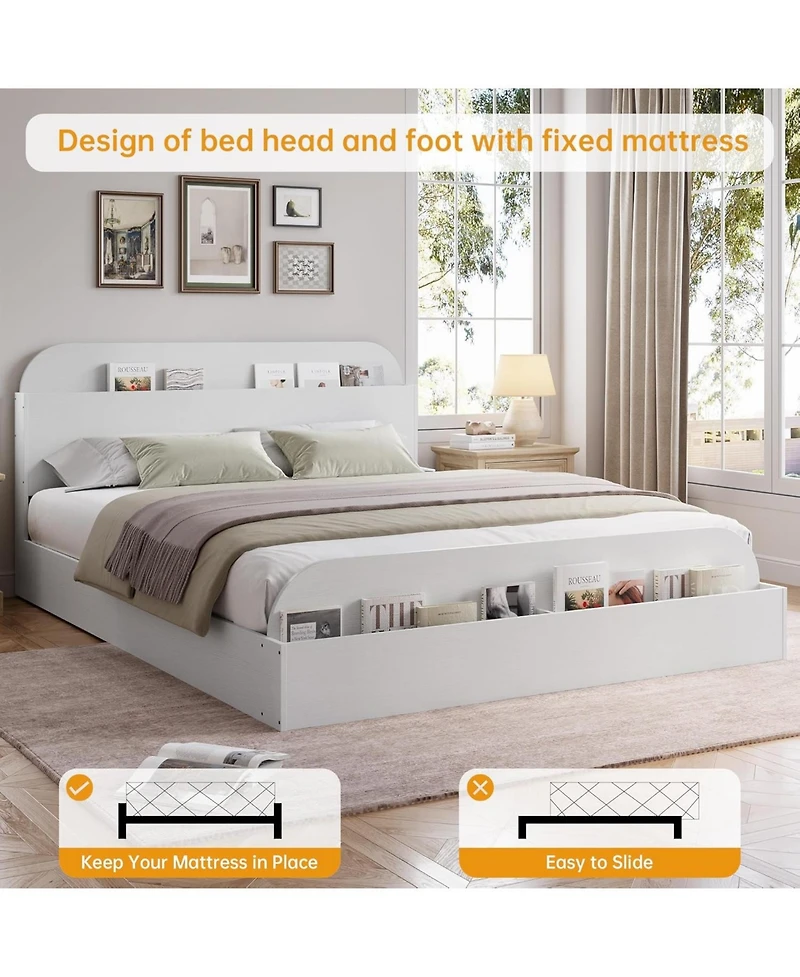 gaomon Full Bed Frame with Storage Headboard and Raised Footboard Low Platform Wood Slats No Box Spring