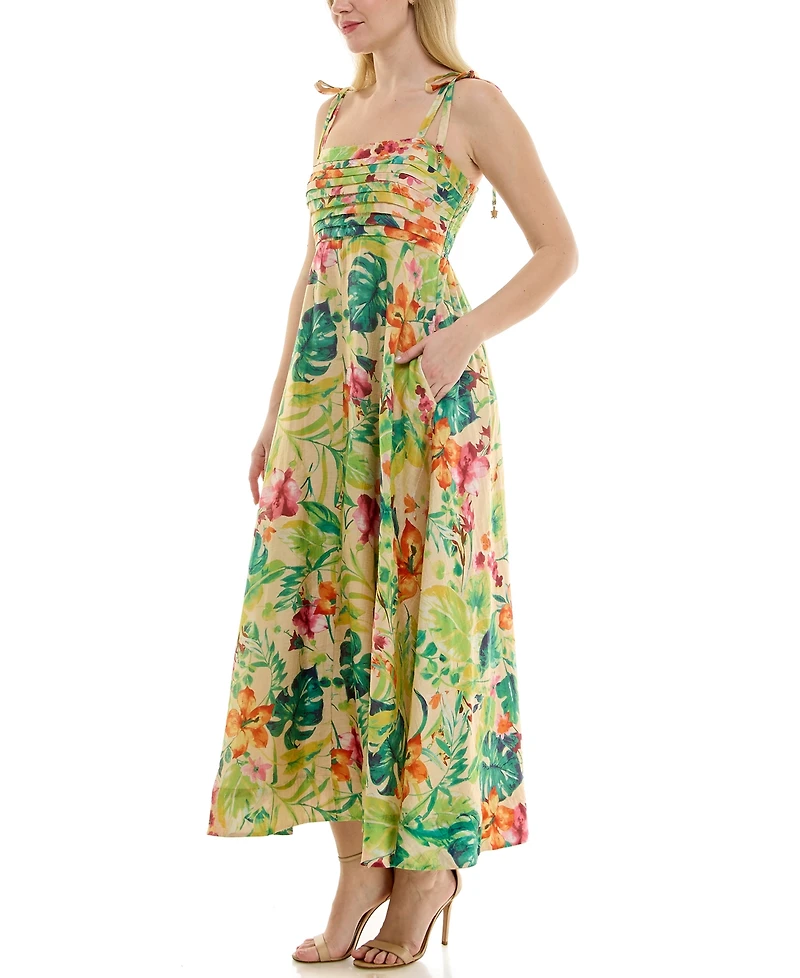 Taylor Women's Tropical Pleated Square Neck A-Line Dress
