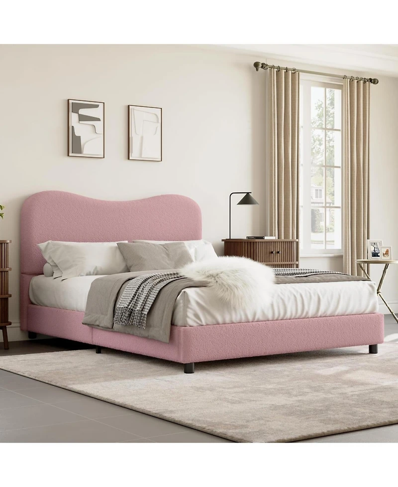 gaomon Queen Boucle Bed Frame Upholstered Headboard Low Profile Platform Rounded Corners No Box Spring