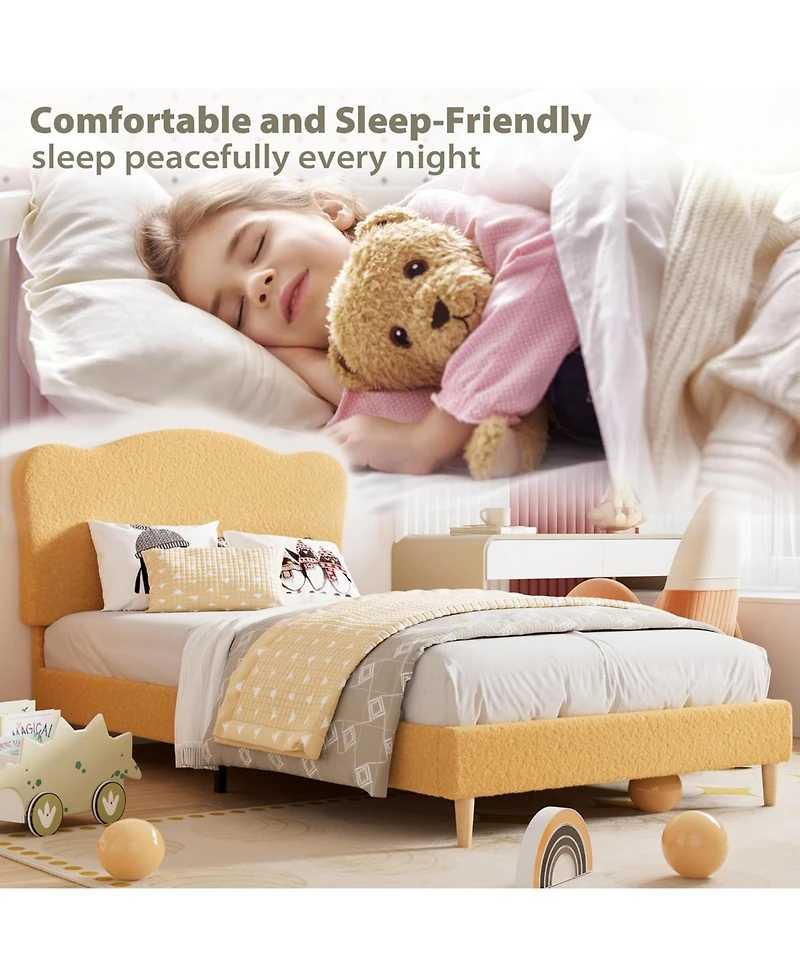 gaomon Kids Velvet Upholstered Bed Frame Scallop Headboard Platform Wood Slats Noise Free No Box Spring