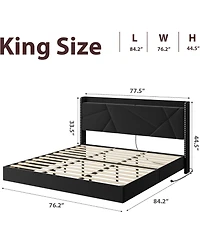 gaomon Floating Bed Frame with Led Lights Charging Storage Headboard Folding Shelves Metal Slats.