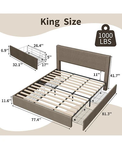 gaomon King Platform Bed Frame Tufted Wingback Headboard Corduroy 4 Storage Drawers Wood Slats