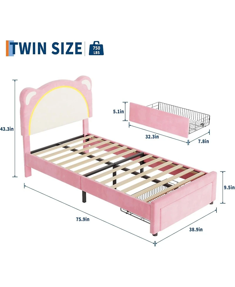 gaomon Twin Kids Platform Bed Frame with Adjustable Headboard, Led Lights, Drawer Storage, No Box Spring