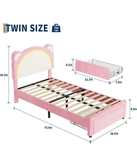 gaomon Twin Kids Platform Bed Frame with Adjustable Headboard, Led Lights, Drawer Storage, No Box Spring