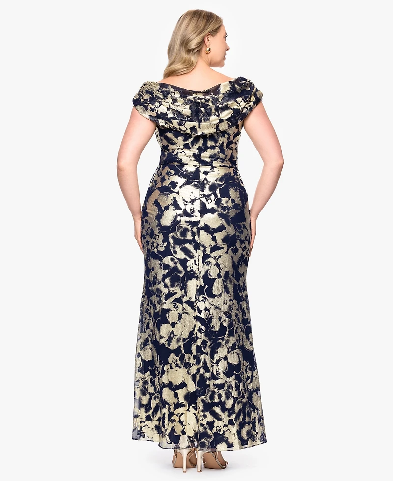Betsy & Adam Plus Metallic Print Cowlneck Gown