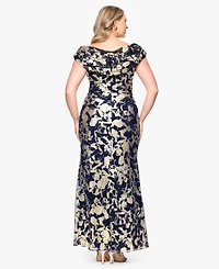 Betsy & Adam Plus Metallic Print Cowlneck Gown