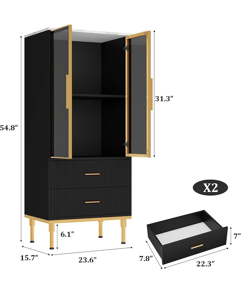 gaomon Freestanding Kitchen Storage Cabinet Glass Door 2 Drawers Modern Pantry Cupboard with Shelves for Living Room Office.