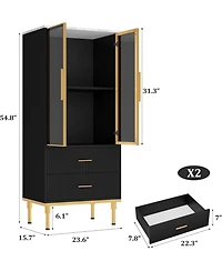 gaomon Freestanding Kitchen Storage Cabinet Glass Door 2 Drawers Modern Pantry Cupboard with Shelves for Living Room Office.