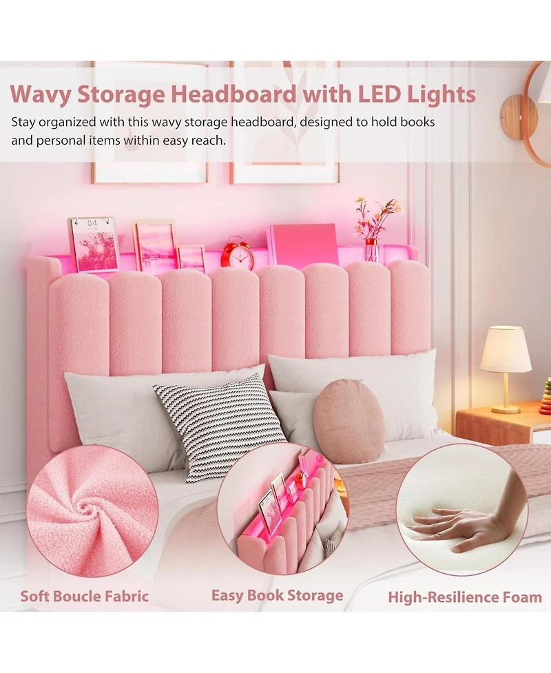 gaomon Bed Frame with Led Storage Headboard, 2 Drawers, Boucle Upholstery, Bookcase, Girls Platform, No Box Spring