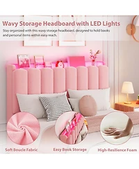 gaomon Bed Frame with Led Storage Headboard, 2 Drawers, Boucle Upholstery, Bookcase, Girls Platform, No Box Spring
