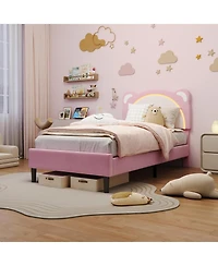 gaomon Twin Velvet Upholstered Bed Frame with Smart Led Headboard, Wooden Slats, Platform Design, No Box Spring Required