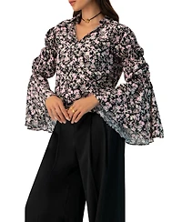 Ivonne Women's Collared Long Sleeve Floral Print Blouse