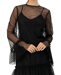 Ivonne Women's Flocked Polka Dot Short Dress with Wide Long Sleeves