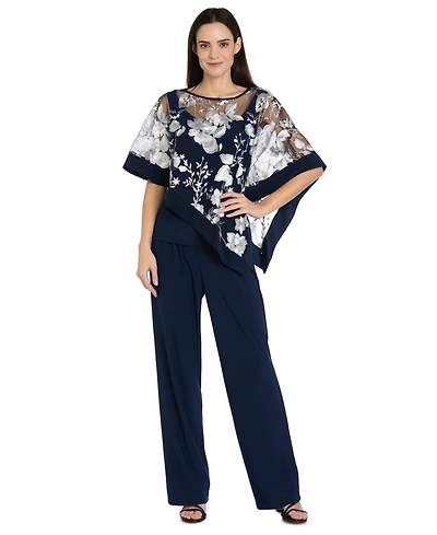 R & M Richards Women's Floral Crewneck Poncho and Pants, 2-Piece Set