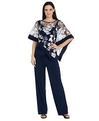 R & M Richards Women's Floral Crewneck Poncho and Pants, 2-Piece Set