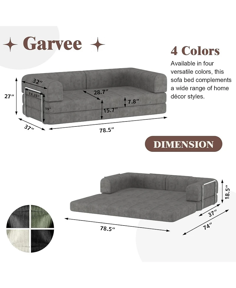 gaomon Convertible Corduroy Sleeper Sofa Bed,Folding Mattress Couch with Fixed-Shape Frame, 3 Seater Fold Out King Size Futon,No Assembly Floor Couch