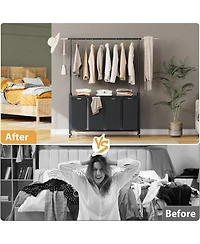 Gaomon Rolling Laundry Sorter Hamper 4 Section Basket with Hanging Rack Plus Wheels Organizer for Laundry Room Rustic