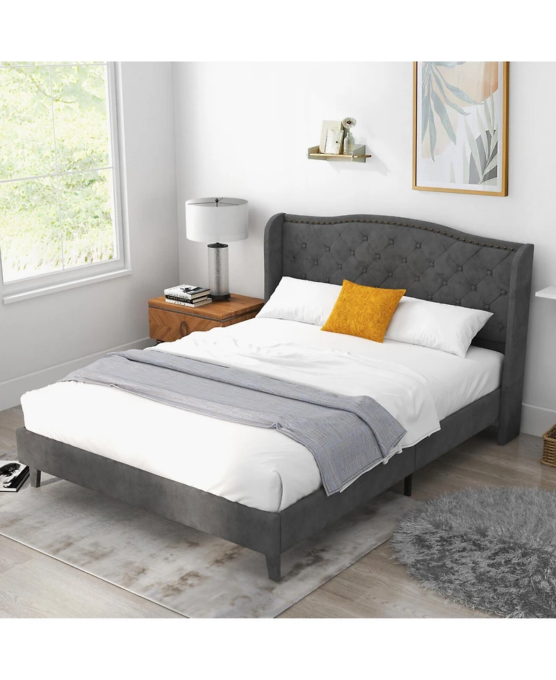 Sugift Upholstered Platform Bed Frame with Button Tufted Headboard