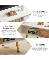 Rainsken Rattan Coffee Table, Rectangle Wooden Center Tables with Sliding Door and Solid Wood Legs for Living Room, Home Office