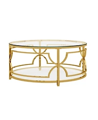 Rainsken Round Tempered Glass Coffee Table, Modern 2-Tier Center Table, Luxurious Geometric Metal Frame for Living Room, Transparent