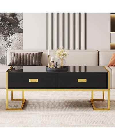 Rainsken Rectangular Coffee Table, Modern 47.4" Center Table with 4 Drawers and Gold Metal Base for Living Room, Home Office