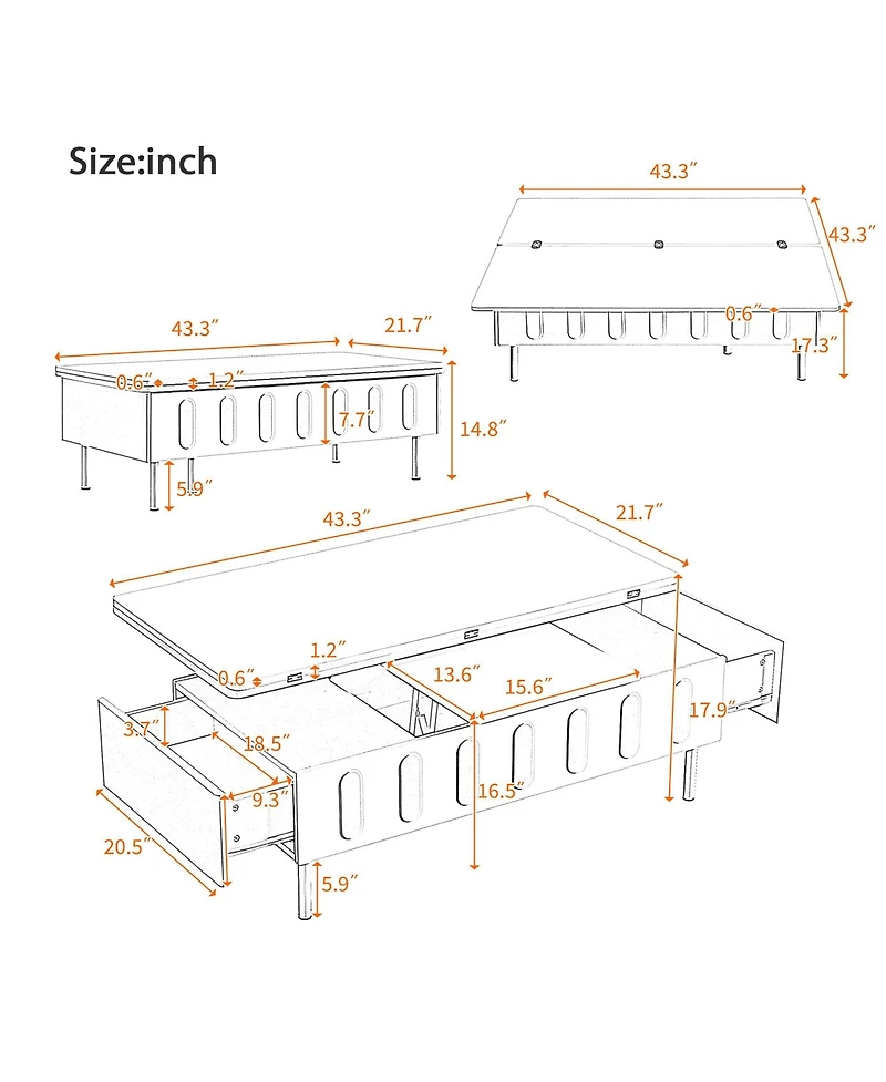 Rainsken Lift-Top Coffee Table, Multi-Functional Center Table with 2 Drawers, Foldable Top and Hidden Storage Compartment for Living Room