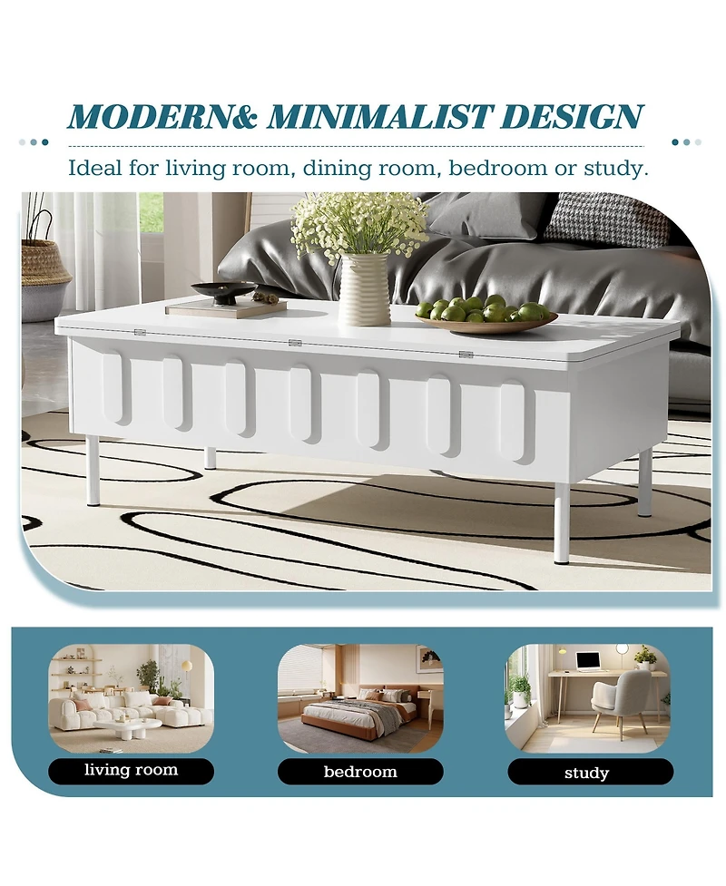 Rainsken Lift-Top Coffee Table, Multi-Functional Center Table with 2 Drawers, Foldable Top and Hidden Storage Compartment for Living Room