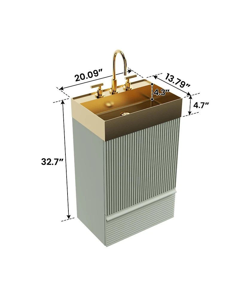 Thirtypeachy 20" Modern Fluted Vanity With Gold Metal Vessel Sink, 1 Drawer 1 Door Soft-Close, Anti-Tip Kd