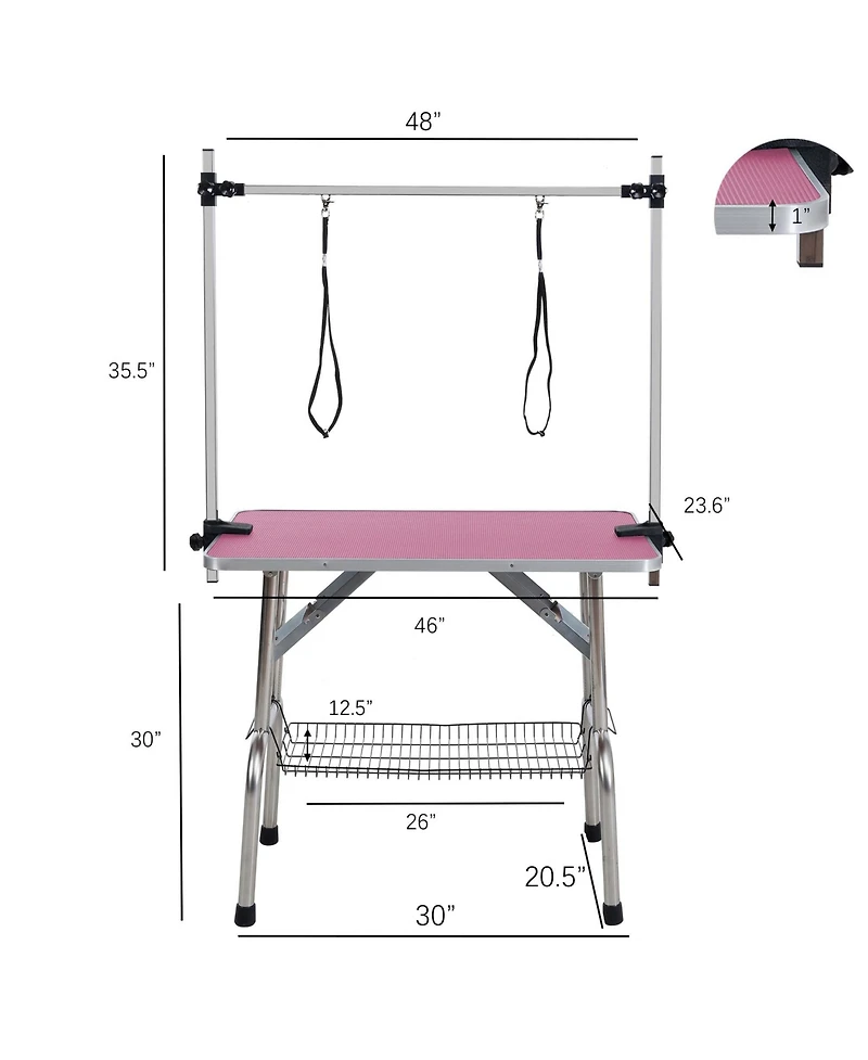 Aostirmotor 46" Pink Folding Pet Grooming Table with Stainless Steel Frame and Adjustable Arm
