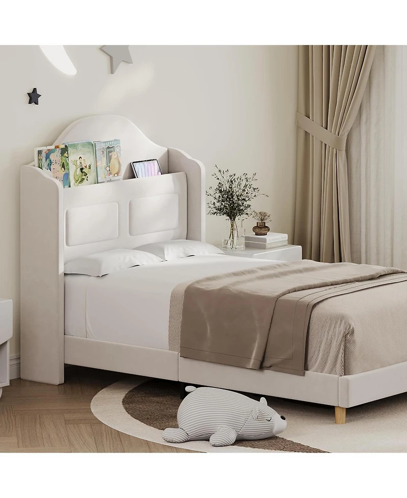 gaomon Princess Twin Velvet Upholstered Bed Frame, Wingback, Led Bookcase Headboard, 2 Pack, No Box Spring Required
