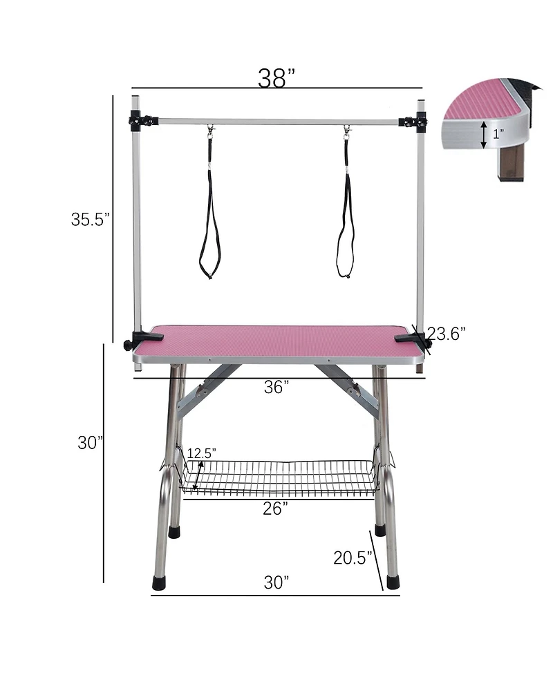 Aostirmotor 36" Pink Folding Pet Grooming Table with Stainless Steel Frame and Adjustable Arm