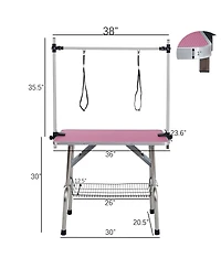 Aostirmotor 36" Pink Folding Pet Grooming Table with Stainless Steel Frame and Adjustable Arm