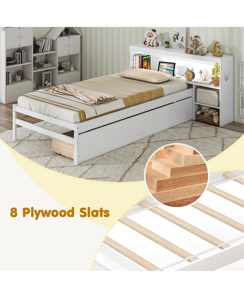 Sugift Bed Frame with Led Lights and Bookcase Headboard