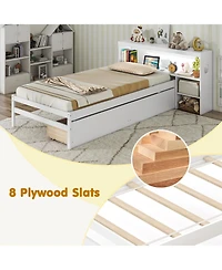 Sugift Bed Frame with Led Lights and Bookcase Headboard