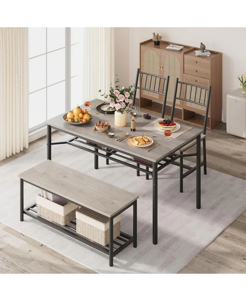 gaomon Farmhouse Dining Table Set for 4, Modern Rectangular Table, 2 Upholstered Chairs, Storage Benches & Rack