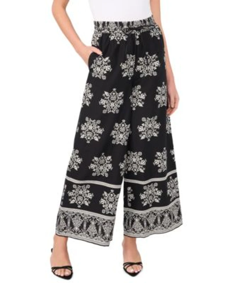Cece Womens Printed Cotton Babydoll Top Wide Leg Pull On Pants