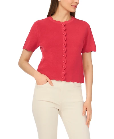 CeCe Women's Crewneck Scallop-Edge Cardigan Sweater