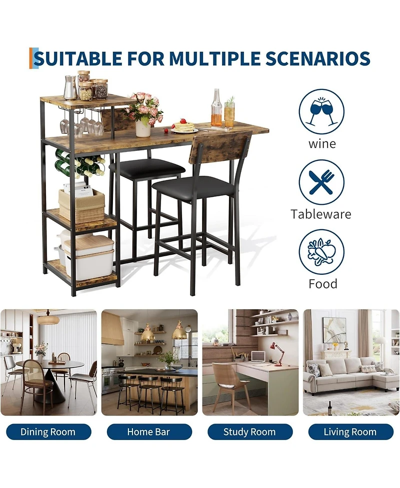 gaomon 3-Piece Expandable Dining Table Set for 2, Compact Bar Height Table w/Storage & Wine Rack, Ideal for Small Kitchens
