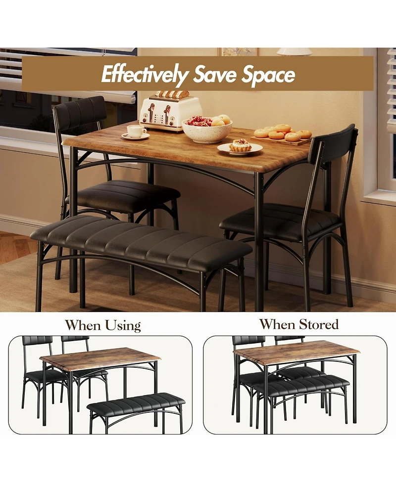 gaomon 5 Piece Dining Set for 4, Rectangular Metal Frame Table with Bench & Upholstered Chairs, Compact Table for Small Spaces