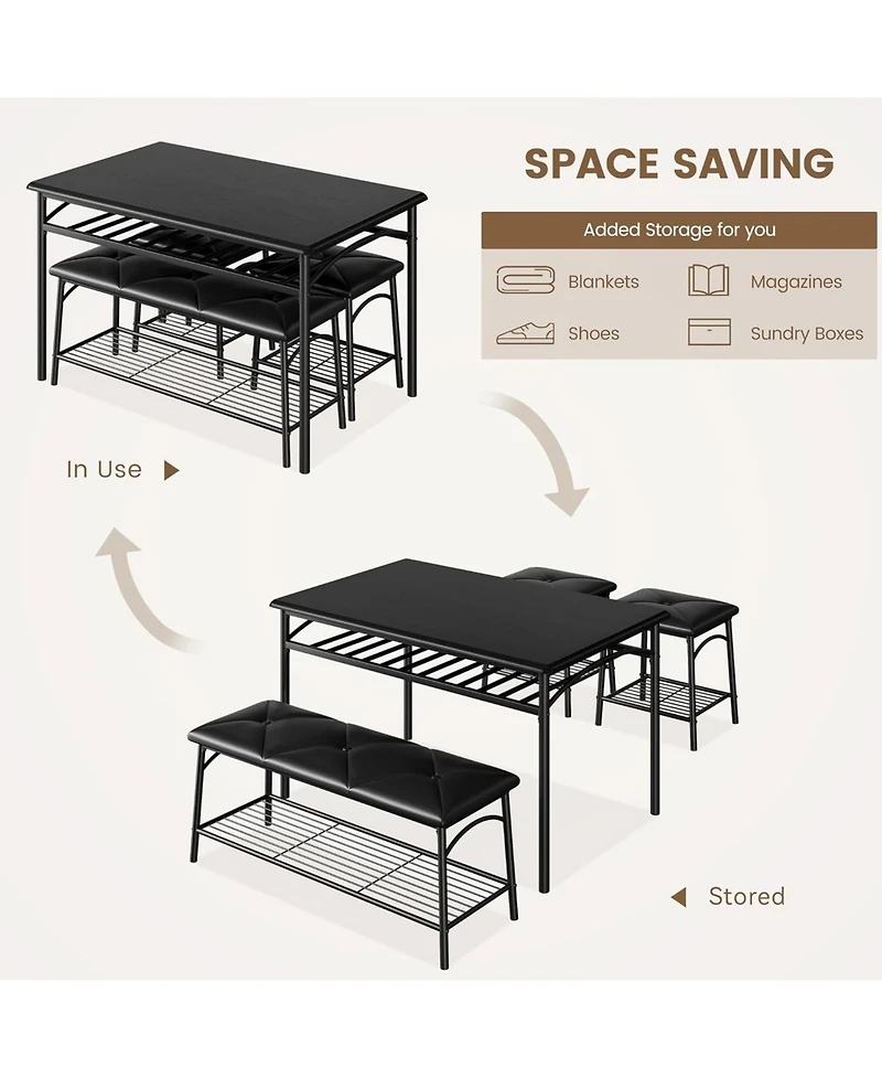 gaomon Industrial 4-Piece Dining Table Set for 4, Wood Tabletop Table, 2 Padded Chairs & Bench, Metal Frame Set with Storage