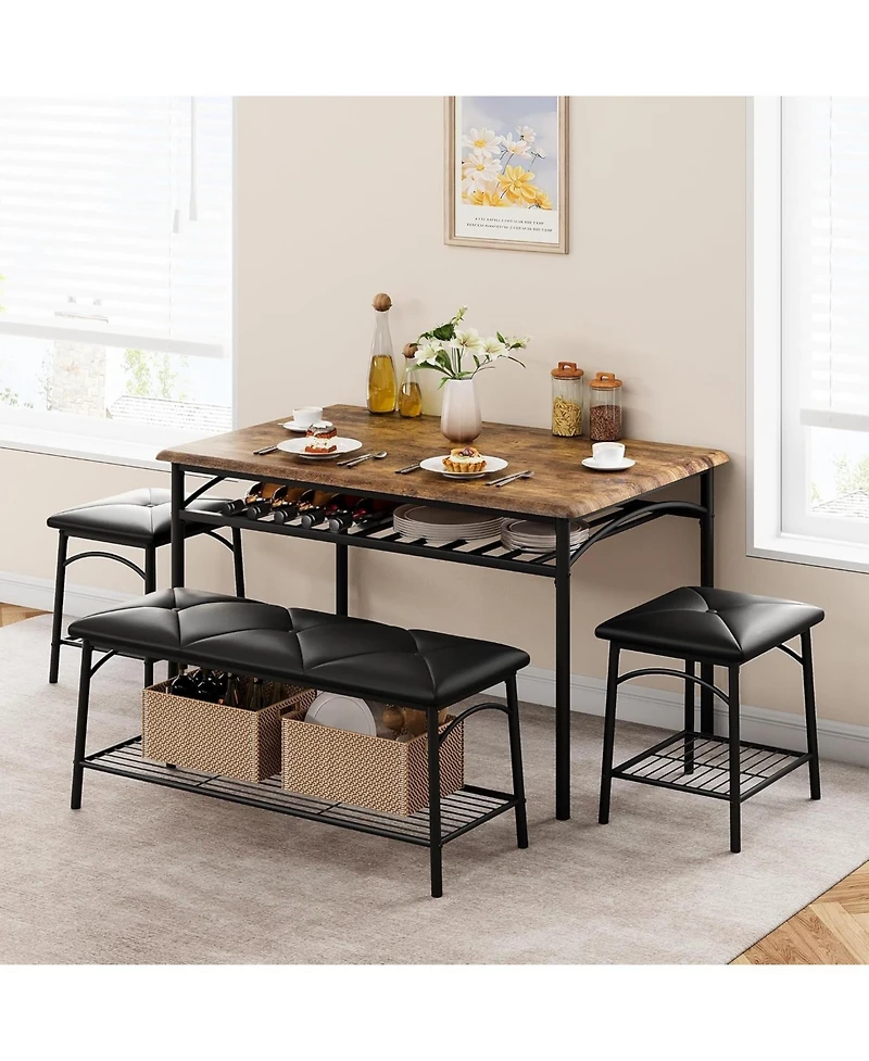 gaomon 4-Piece Square Dining Table Set, Wood Table with 2 Upholstered Chairs & Bench, Metal Frame, Storage for Small Space
