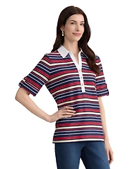 Jones New York Petite Collared Neck Elbow Roll Cuff T-Shirt
