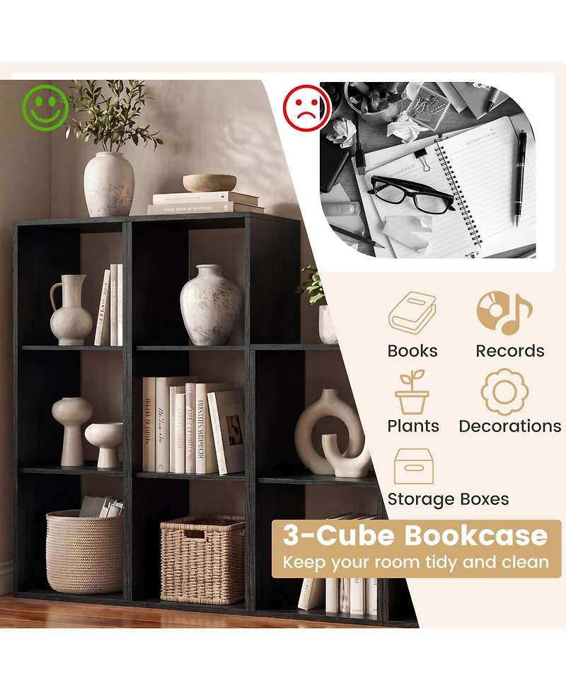 Slickblue 3-Cube Bookshelf with Back Guardrail for Living Room