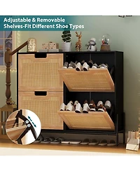 gaomon Narrow Shoe Cabinet with 4 Flip Down Doors Rattan Organizer Freestanding Shoe Rack Adjustable Shelf