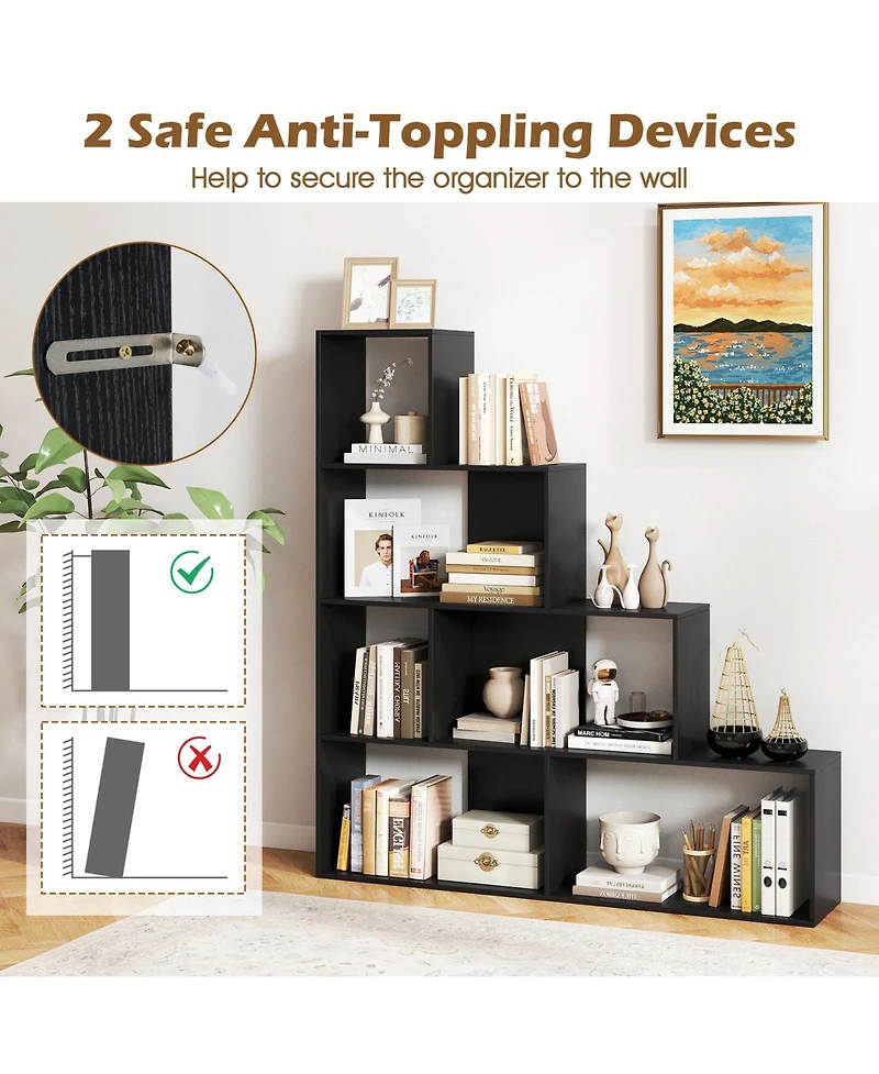 Slickblue 4-Tier Modern Stepped Bookshelf with 6 Storage Cubes for Living Room-Black