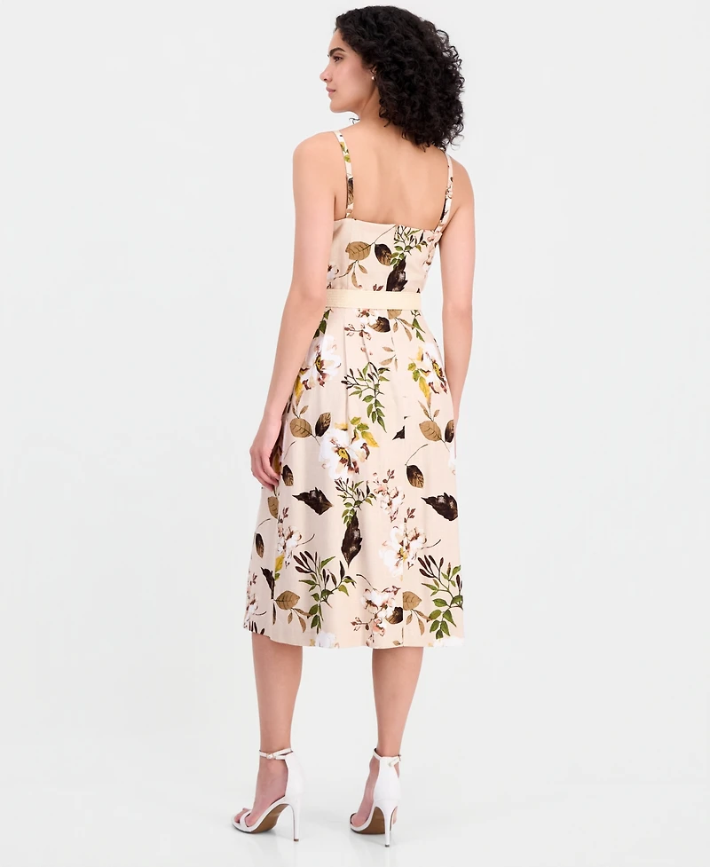 Tahari Asl Women's Printed Belted Sleeveless Linen Blend Dress