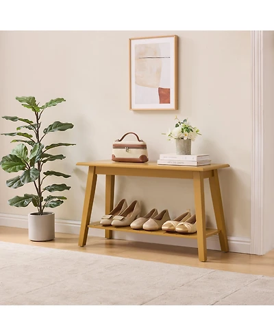 Modern wood entryway bench with storage shelf—space saving seating for hallways, bedrooms, living rooms, or narrow areas.